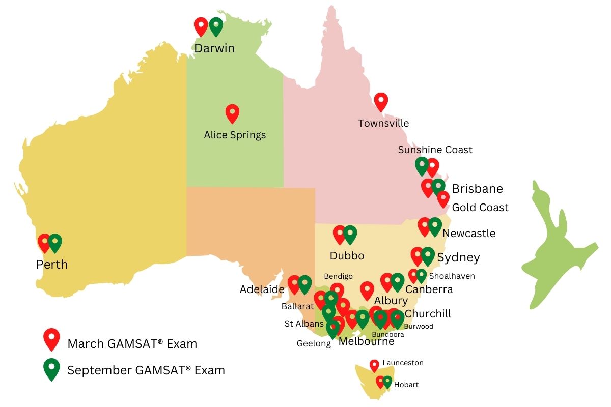 Map of Australia showing GAMSAT exam test centre locations