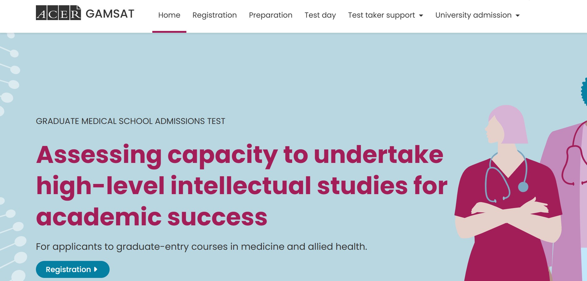 Screenshot of the ACER website where students register for the GAMSAT exam