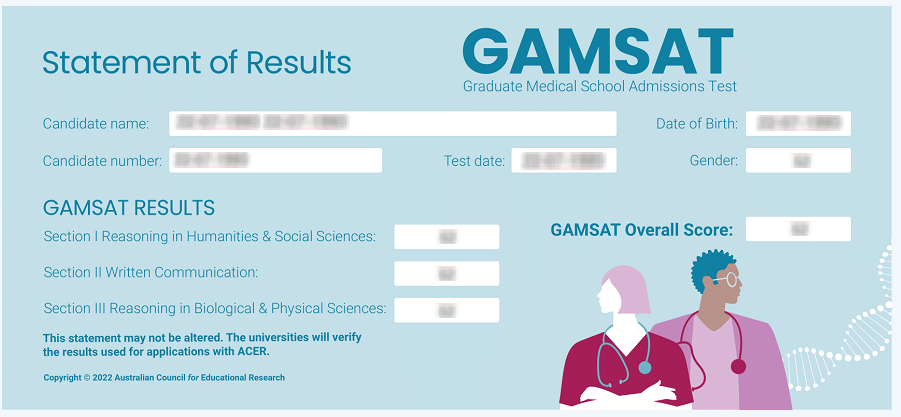 Sample GAMSAT Statement of Results scorecard showing individual section scores and an overall calculated score